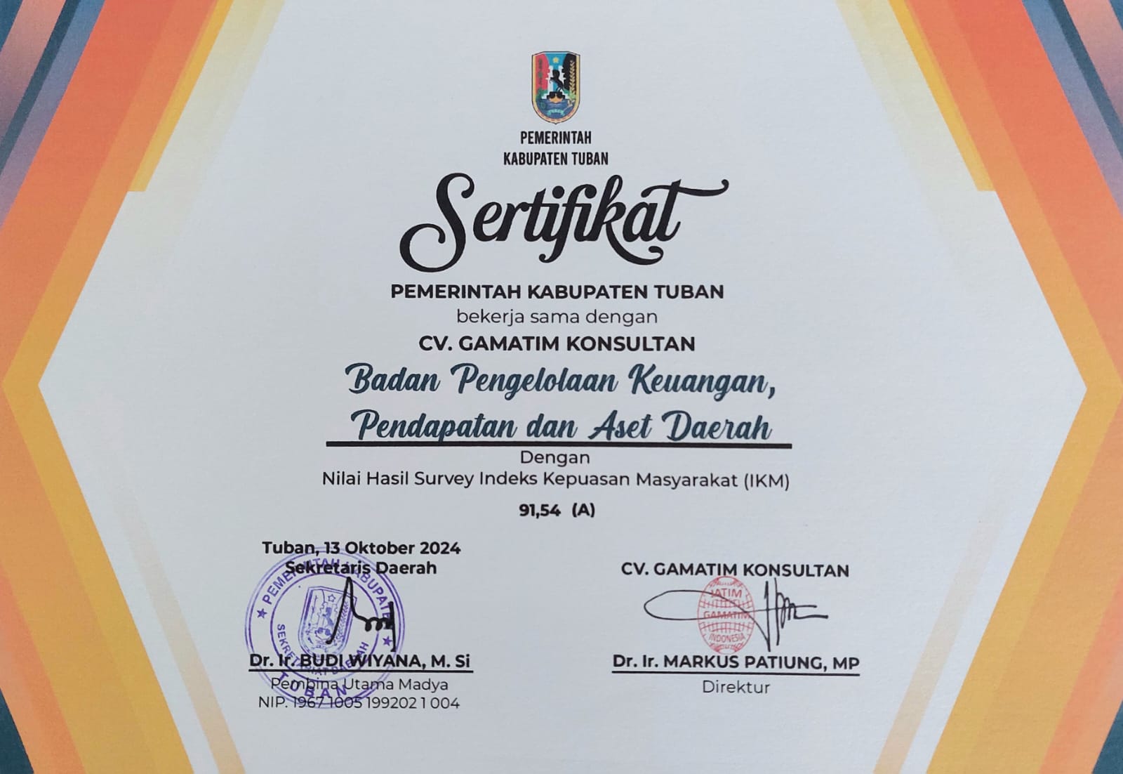 Terima kasih! BPKPAD Tuban mendapat predikat A dalam Survei IKM